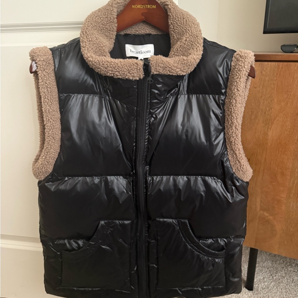 Heartloom Black Puffer Vest with Tan Trim